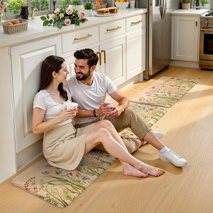 KIMODE Anti Fatigue Kitchen Mats for Floor, Farmhouse Brown Kitchen Rugs Sets of 2, Summer Cushioned Kitchen Floor Mats, Comfort Standing Mats for Sink Laundry Office Desk 20"x59"+20"x32"