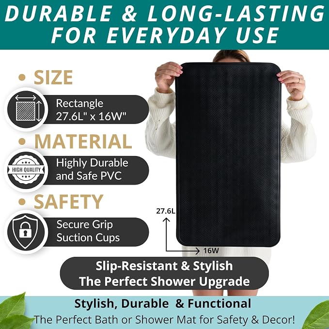 ENKOSI Non Slip Bath Mat for Tub and Shower Floors – Anti Slip Shower Mat with Secure Suction Cup Grip – Soft Black Bathtub Mat for Inside Tubs and Bathroom Shower Stalls (28x16 Black)