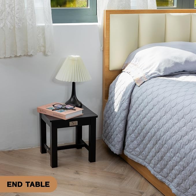 VICTORY RELAX 12 Inch Wooden Black Step Stool, Small Nature Beach Chair Under Desk, Indoor Acacia Wood Short Footstool for Living Room, Kitchen, Bathroom