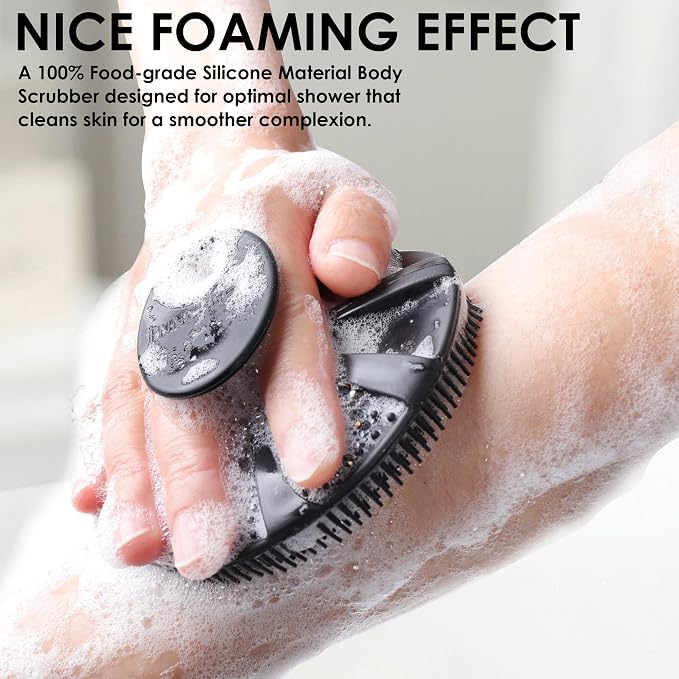 INNERNEED Food-Grade Soft Silicone Body Scrubber Shower Brush Handheld Cleansing Skin Brush, with Exfoliating Net Sponge Case (Pack of 4)