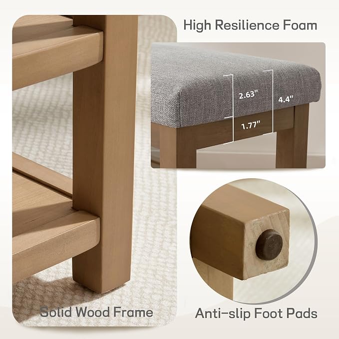Zihanhome Shoe Rack Bench with Cushion, 2 Tier Solid Wood Storage Bench, Mid-Century Modern Shoe Bench for Entryway, Hallway, Closet, Front Door Entrance, Foyer (Grey, 46.5")