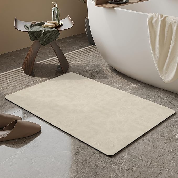 Mecko Bath Mat, Ultra Absorbent Quick Dry Bathroom Floor Mats-Rubber Non-Slip Thin Bathroom Rug Fit Under Door, Faux Suede Surface Shower Rug for Bathtub, Sink, Shower Room(Light Brown,16"x24")