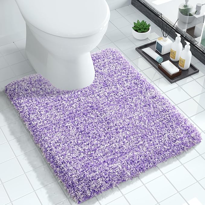 Yimobra Toilet Rugs U Shaped Washable 24X20, Ultra Soft and Water Absorbent Bath Mats, Non Slip Fluffy Shaggy Luxury Microfiber Contour Bath Rugs for Toilet, Dry Quick, Purple and White