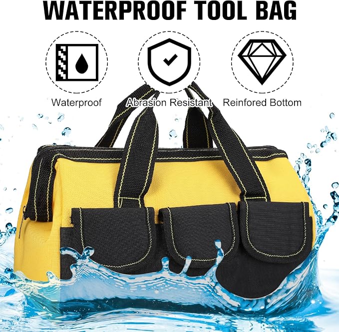 Sanwuta 3 Pack Tool Bag for Men with Waterproof Hard Bottom, Heavy Duty Tool Bag Wide Mouth Tote for Various Instrument, Electrician Carpenter Mechanic(Yellow,13 Inch,Classic)