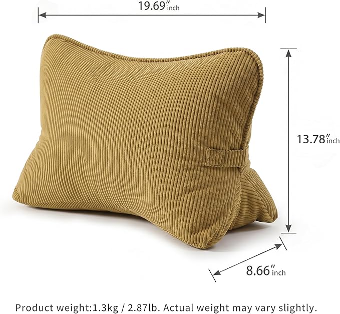 Pat. Pend. Corduroy Lumbar Support Back Pillow for Reading & Lounging, Ergonomic Triangle Cushion for Sofa, Armchair & Bed Sitting, Removable Washable Cover, Mustard Yellow