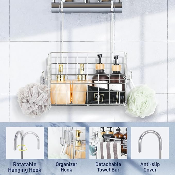 SUTINE Hanging Shower Organizer, Shower Caddy Hanging, Bathroom Storage Rack with Hooks Over the Door, Stainless Steel Rustproof Bathroom Basket Shelf for Bath Faucet or Cross Bar