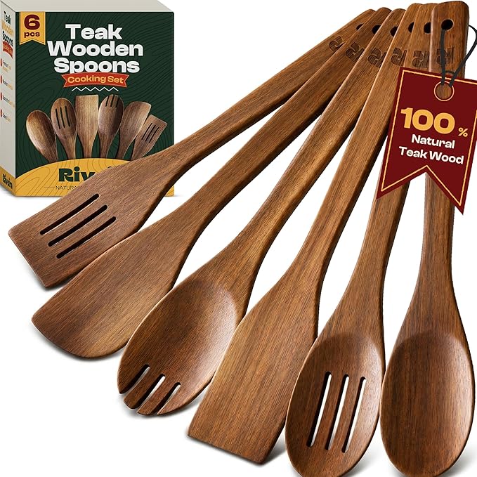 Riveira Teak Wooden Spoons for Cooking Set of 6 – Natural Teak Wooden Cooking Utensils, Wooden Spatula, Wooden Spoon - Premium Quality Utensil Set for Non-Toxic Cooking