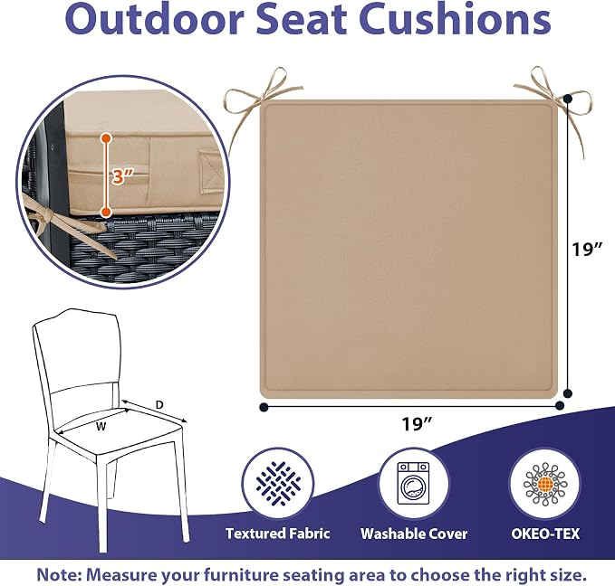 IPYNBAP Outdoor Chair Cushions Set of 4 -Waterproof Outdoor Seat Cushions for Patio Furniture, Patio Chair Cushion with Handle and Ties, Out Door Chair Pads,19x19x3-Square, Beige