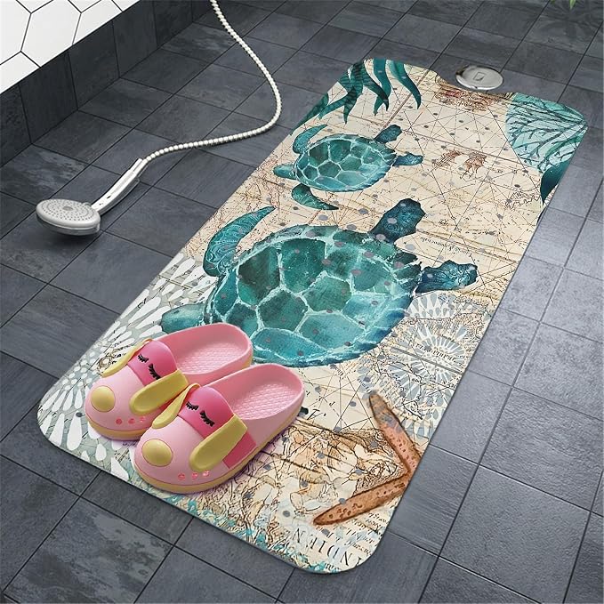 Sea Turtle Bathtub Mat Non Slip, Baby Bath Mat for Tub Rubber Tub Mat, Cute Kids Bath Mats for Bathroom Ocean Beach Anti Slip Shower Mat with Suction and Drain Holes Machine Washable, 40″X16″