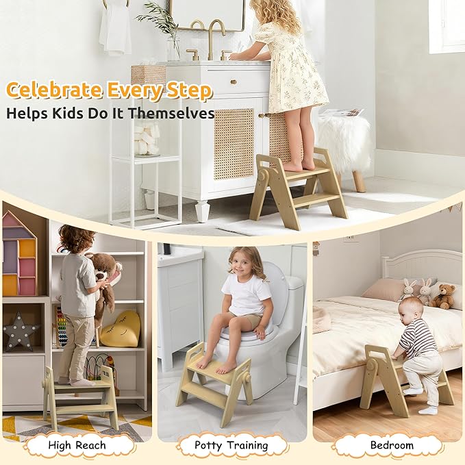 Wooden 2 Step Stool for Toddler Kids Bathroom Foldable 2-Step for Toilet Potty Training, Child Stepping Stool for Kitchen Nursery Bedroom