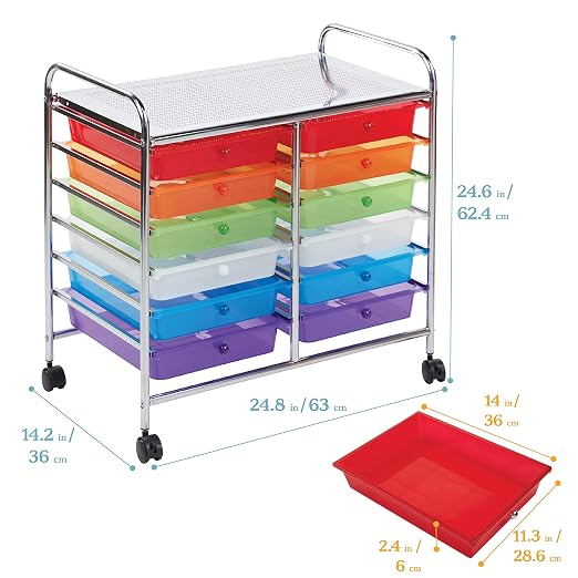 ECR4Kids 12-Drawer Value Mobile Storage Utility Cart, Craft Organizer, Assorted