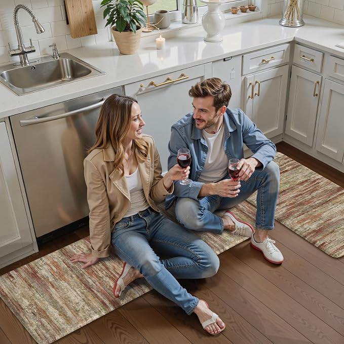 KIMODE Anti Fatigue Kitchen Mats, Farmhouse Kitchen Rugs Sets of 2, Non Slip Kitchen Mats for Floor, Cushioned Kitchen Floor Mats for Sink Laundry Office Desk Red Brown 17"x47"+17"x29"