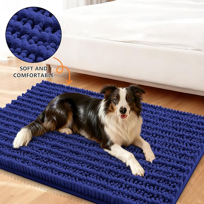 Smiry Dog Door Mat for Muddy Paws 40x32, Absorbent Dirt Trapper, Non-Slip Washable Chenille Entryway Rug for Inside Floor, Navy Blue, Layered Pattern