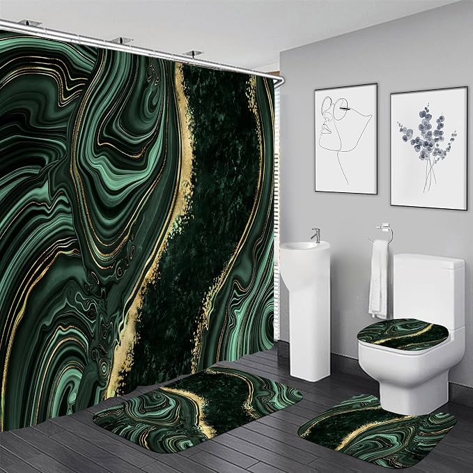 Nkzply 4 Pcs Green Marble Shower Curtain Sets with Rugs Gold Bathroom Sets with Shower Curtain and Rugs Modern Abstract Bathroom Decor Accessories Shower Curtains for Bathroom Toilet Lid Cover