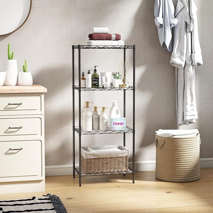 BestOffice | 4-Tier Wire Storage Shelves | 12"D x 18"W x 44"H | Black | with Adjustable Racks PP Liners | Compact Metal Shelf, Holds Upto 600 lbs | Ideal for Kitchens Closets Bathrooms Small Corners