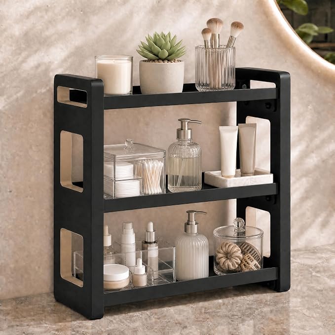 Narrow Solid Wood Bathroom Counter Organizer, Space-Saving Bathroom Storage Rack for Vanity, Multi-Purpose Kitchen Spice Rack & Bedroom Makeup Organizer (Black, 3 Tier)
