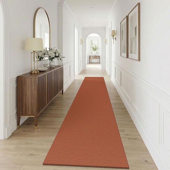 KOZYFLY Orange 2.5'x12' Runners Rugs for Hallway, Long Washable Runner Rug, Woven Non Slip Kitchen Runner, Braided Entryway Rug, Floor Carpet for Entry, Aisle, Hall, Burnt Orange/Tan