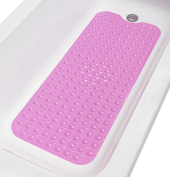 Extra-Long Non-Slip Bathtub & Shower Mat 39”x16” (Smooth/Non-Textured Tubs Only) Safe, Clean, Machine-Washable, Superior Grip&Drainage, Vinyl, Opaque Pink