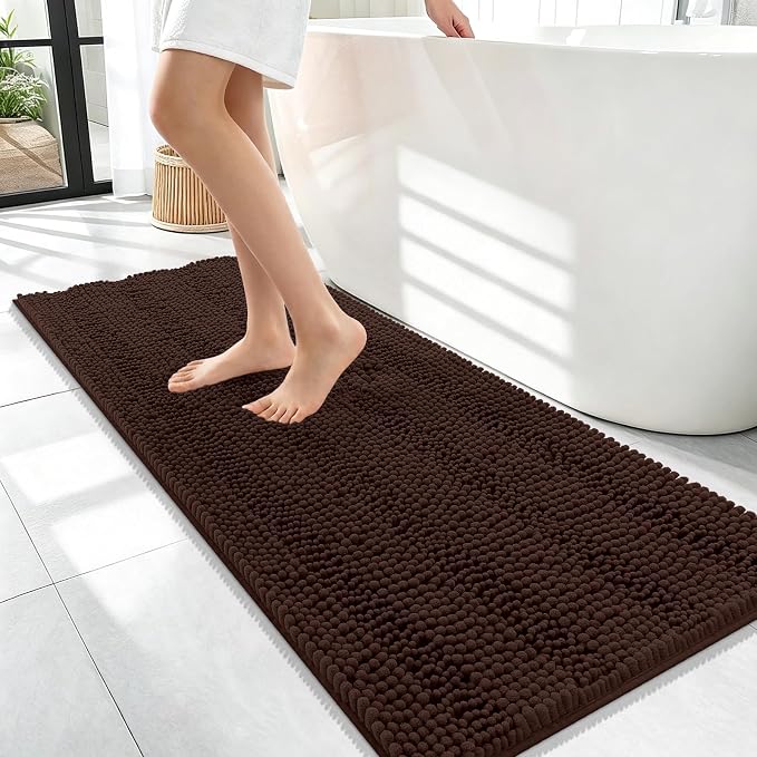 OLANLY Thick Bathroom Runner Rugs 47x17, Extra Absorbent Chenille Striped Bath Rugs, Rubber Backing, Machine Wash Dry, Long Bath Mats for Bathroom Floor, Tub and Shower, Home Decor Accessories, Brown