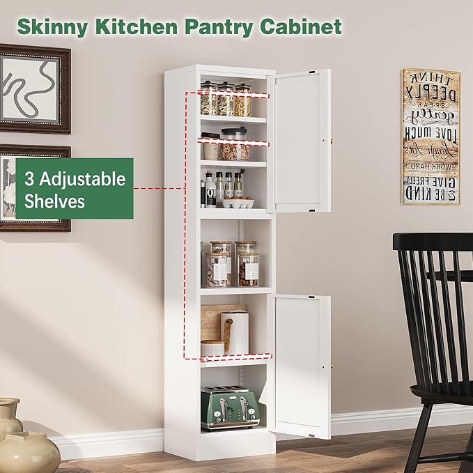 Bevivog Slim Kitchen Pantry Cabinet for Small Space, 67" Tall Narrow Storage Cabinets with Hutch and 3 Adjustable Shelves, Freestanding Tall Slim Bathroom Storage Cabinet