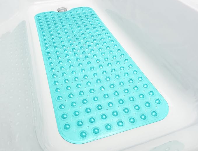 Extra-Long Non-Slip Bathtub & Shower Mat 39”x16” (Smooth/Non-Textured Tubs Only) Safe, Clean, Machine-Washable, Superior Grip&Drainage, Vinyl, Transparent Turquoise (Green-Blue)