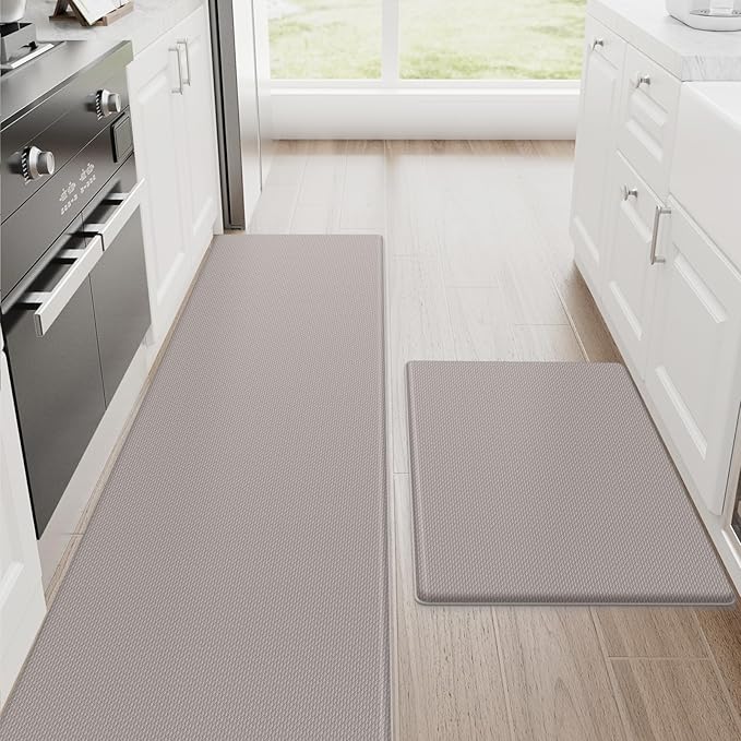 StepRite Kitchen Mats, 2PCS Kitchen Rugs, Cushioned Anti Fatigue Kitchen Mats for Floor, Non-Slip Standing Desk Mat, Waterproof Kitchen Rug Set for Kitchen, 20" x 32"+20" x 71"-0.4 inch Thick, Khaki