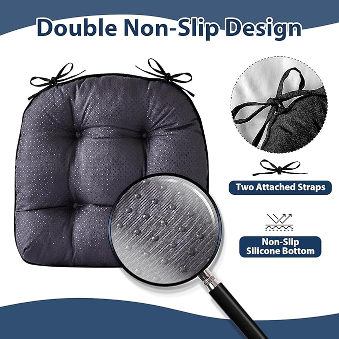 IASEAHK Chair Cushions for Dining Chairs, Seat Cushions for Kitchen Chairs, Indoor Seat Cushions with Ties, Tufted Foam Chair Pads, Non Slip Chair Cushions Set of 2, 15.5" x 15.5" x 4", Black