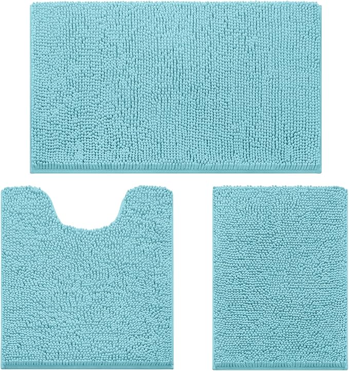 HOMEIDEAS 3 Pieces Bathroom Rugs, Ultra Soft Non Slip Absorbent Chenille Toilet Bath Mat Set (Aqua Blue)