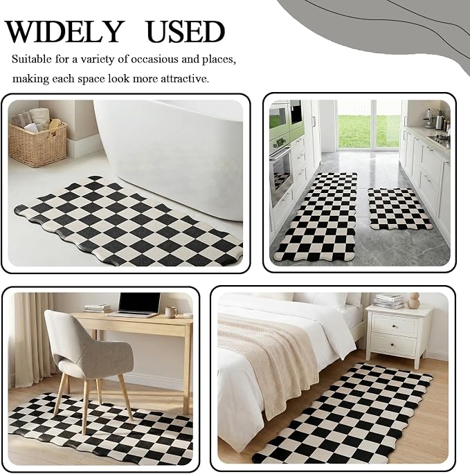 Scalloped Beige Black Checkered Grid Checkerboard Kitchen Rug Sets [2 PCs], Anti-Fatigue, Waterproof Non-Slip Kitchen Mats Heavy Duty Comfort Foam Rug for Kitchen, Floor, Laundry,17"x29"+17"x47"