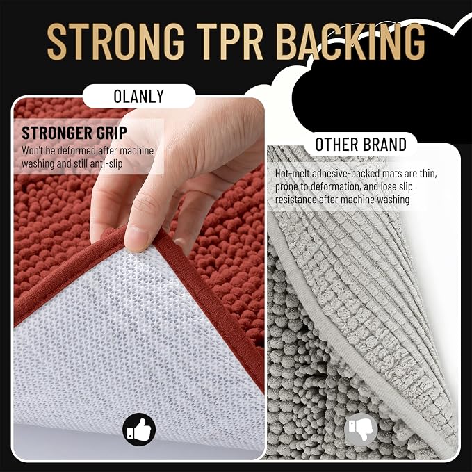 OLANLY Thick Bathroom Runner Rugs 44x24, Absorbent Chenille Striped Bath Rugs, Rubber Backing, Machine Wash, Long Bath Mats for Bathroom, Tub and Shower, Home Decor Accessories, Rustic Terracotta