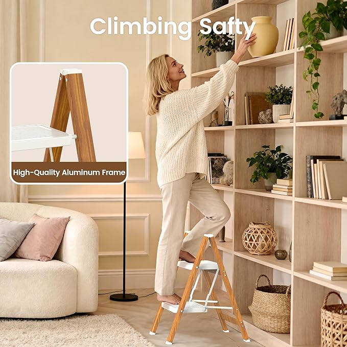HBTower Step Ladder,Lightweight Aluminum Folding Step Stool with Anti-Slip Wide Pedal,330lbs Capacity Step Ladder for Household,Kitchen,Office - WhiteWoodgrain