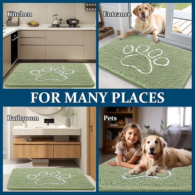 OLANLY Dog Door Mat for Muddy Paws 70x46, Paw Print Design, Absorbs Moisture and Dirt, Non-Slip Washable Doormat, Quick Dry Chenille Mud Mat for Dogs, Entry Indoor Entryway Carpet, Sage Green