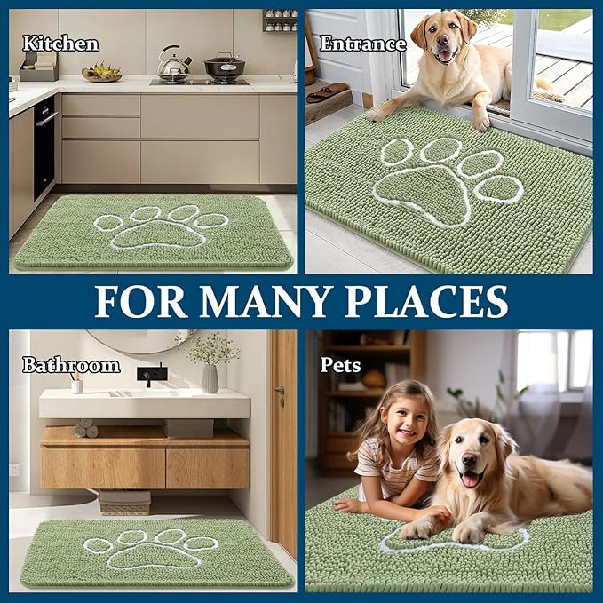 OLANLY Dog Door Mat for Muddy Paws 45x27, Paw Print Design, Absorbs Moisture and Dirt, Non-Slip Washable Doormat, Quick Dry Chenille Mud Mat for Dogs, Entry Indoor Entryway Carpet, Sage Green