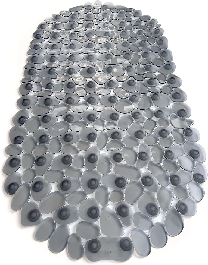 “Pebbles” Non-Slip Bathtub & Shower Mat 27”x14” Oval - Non-Toxic - Safe, Clean, Machine-Washable, Superior Grip & Drainage, Vinyl, for Smooth Floors ONLY, Transparent Gray