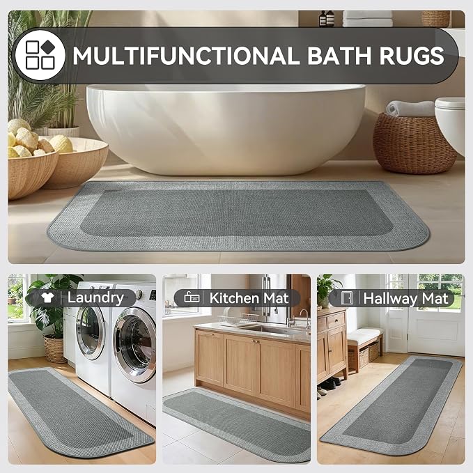 YDKGL Bathroom Runner Rug, Thin Bath Mat Non Slip Washable Large Bathroom Rugs, Rubber Backing Quick Dry for Floor, Tub and Shower, Grey 24x70