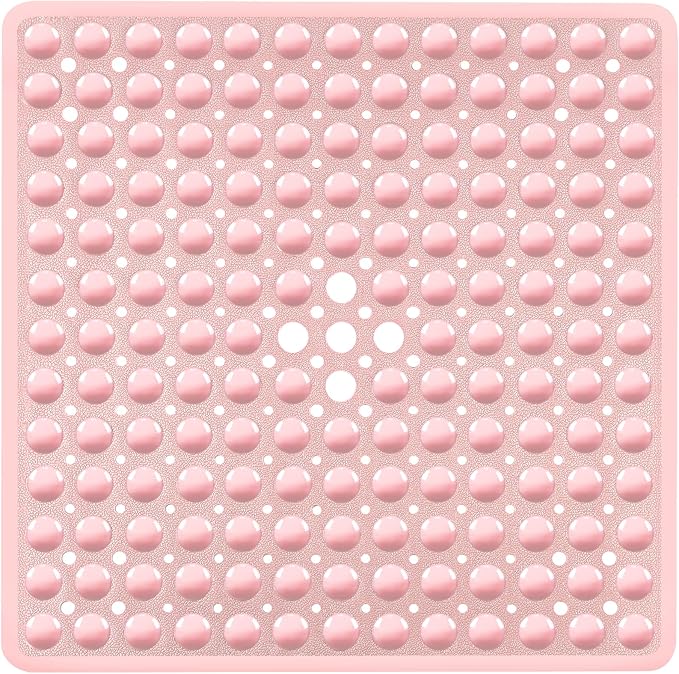 Pink Square Shower Bathtub Mat Non Slip 21x21 Inch, Soft Bath Mat for Inside Shower Tub, Shower Stall Mats for Bathroom Floor with Big Suction Cups Drain Holes, Easy Washable Dry, BPA-Free