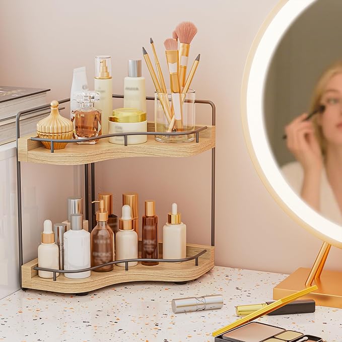 2-Tier Corner Bathroom Counter Organizer with Embedded Screw Holes, Secure & Stable Wood Vanity Shelf for Makeup and Skincare Essentials - Space Saving Bathroom Countertop Storage, ‎‎Light Walnut