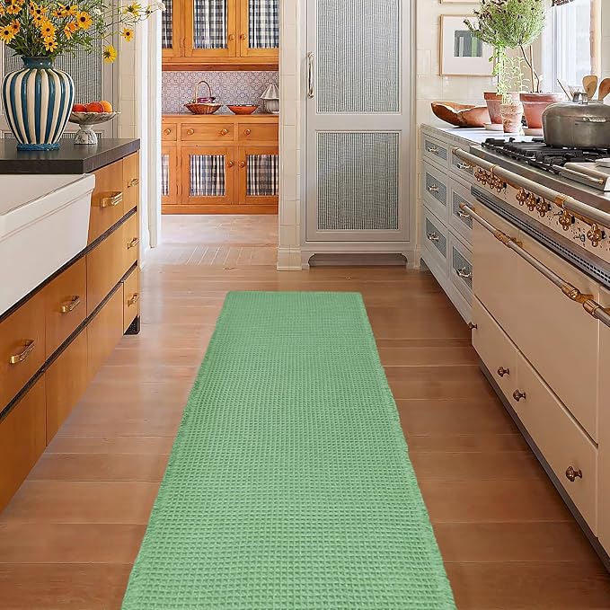 ZALL Sage Green Waffle Bath Mat,Super Absorbent Non Slip Bathroom Rug, 24x60inch, Machine Washable Ultra Soft Floor Mats
