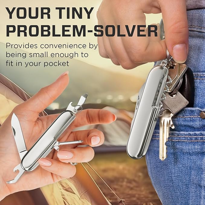 Small Pocket Knife 6 in 1 - Keychain Multitool - Compact Kids Pocket Knife with Bottle Opener, Can Opener, Corkscrew, Phillips Screwdriver - EDC Gift for Men, Women, Camping, Hiking, Travel - 5005