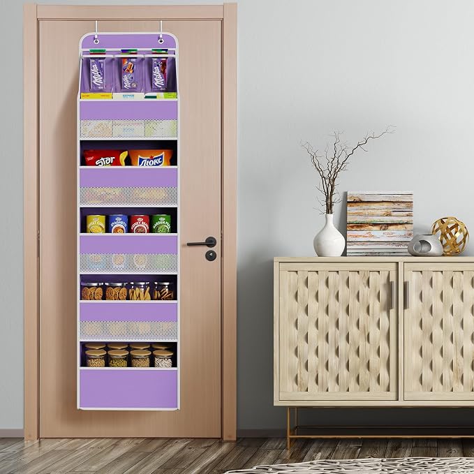 Univivi 6-Shelf Over Door Hanging Organizer Fabric Baby Door Storage with 5 Large Pockets and 3 Small PVC Pockets Wall Mount Hanging Storage Organizers for Baby Essential (Purple)