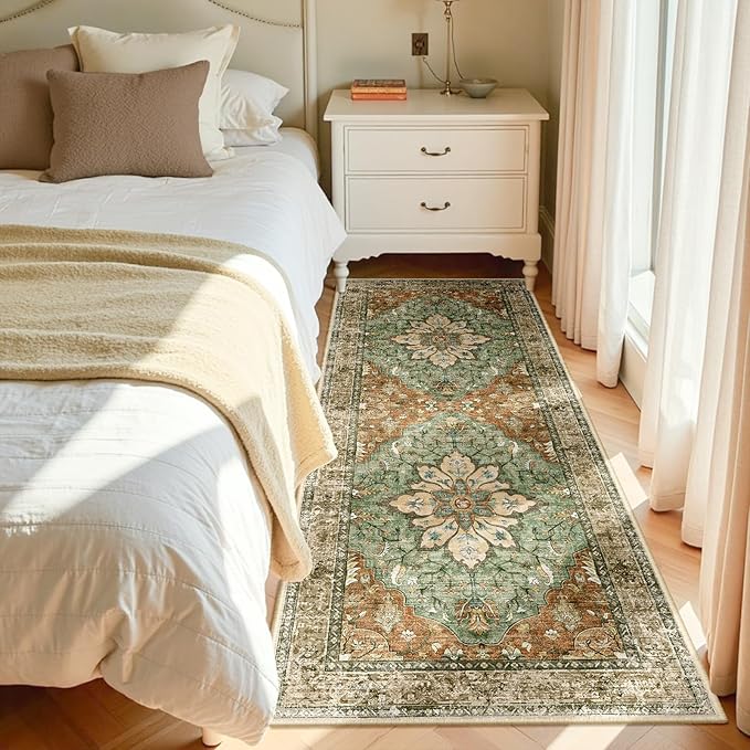 RELEANY Area Rugs Runner 3'x8' Washable Non-Slip, Floral Vintage Distress Medallion Carpet for Kitchen Hallway Bedroom Beside Laundry Room Bathroom, Terracotta Burnt Orange Green