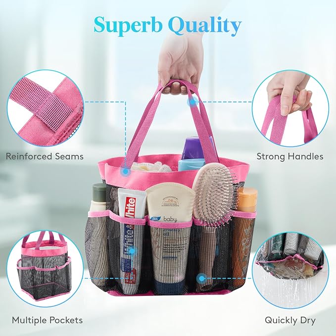 Lifewit Mesh Shower Caddy Portable for College Dorm Room Essentials with 7 Pockets, Freestanding Hanging Organizer Basket, Quick Dry Tote Bag for Camping, Bathroom, Beach, Travel, 1 Pack, Pink