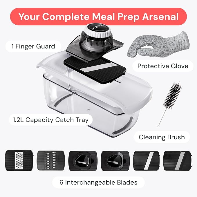 Fullstar Mandoline Slicer for Kitchen, Fruit Cutter, Cheese Grater, Cucumber Slicer, Veggie Spiralizer, Food Cutter & Kitchen Gadgets & Gifts with Safety Glove (6 in 1, Clear)