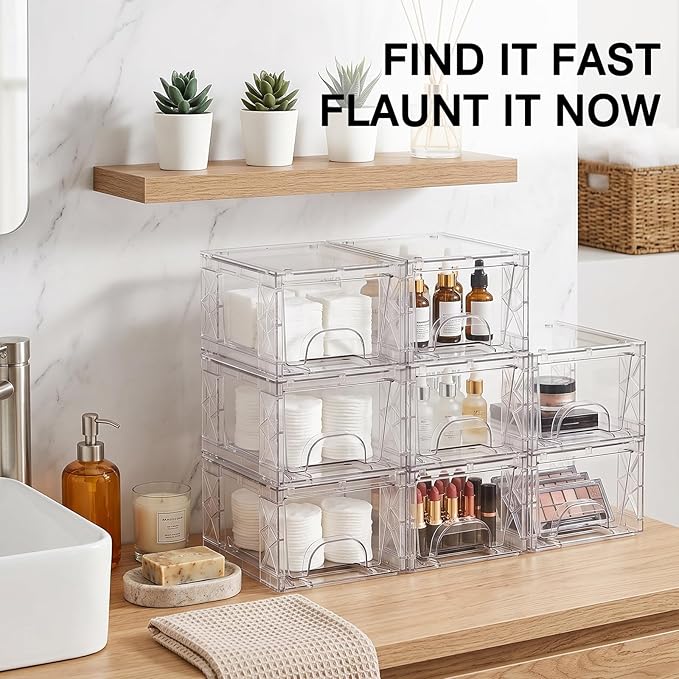 Plastic Storage Drawers, 4.4in Stackable Box 8 Pack Simply Assembled Bins Containers Suitable for Cosmetics, Bathroom, Kitchen, Cabinets