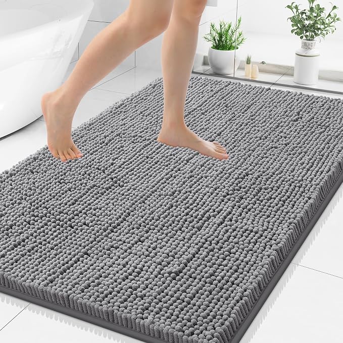 Smiry Luxury Chenille Bathroom Rugs 48x32, Extra Soft and Absorbent Shaggy Bath Mat, Machine Washable, Non-Slip Plush Carpet Runner for Tub, Shower, and Floor, Home Decor Accessories, Grey