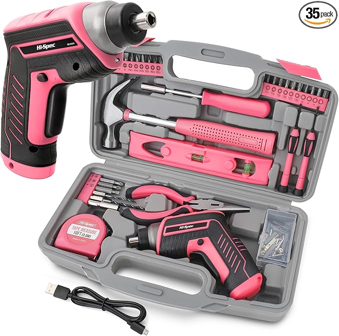 Hi-Spec 35-Piece Tool Kit with 3.6V USB Small Electric Screwdriver Set, Pink Drill Set for Women, Tool Kit for Home