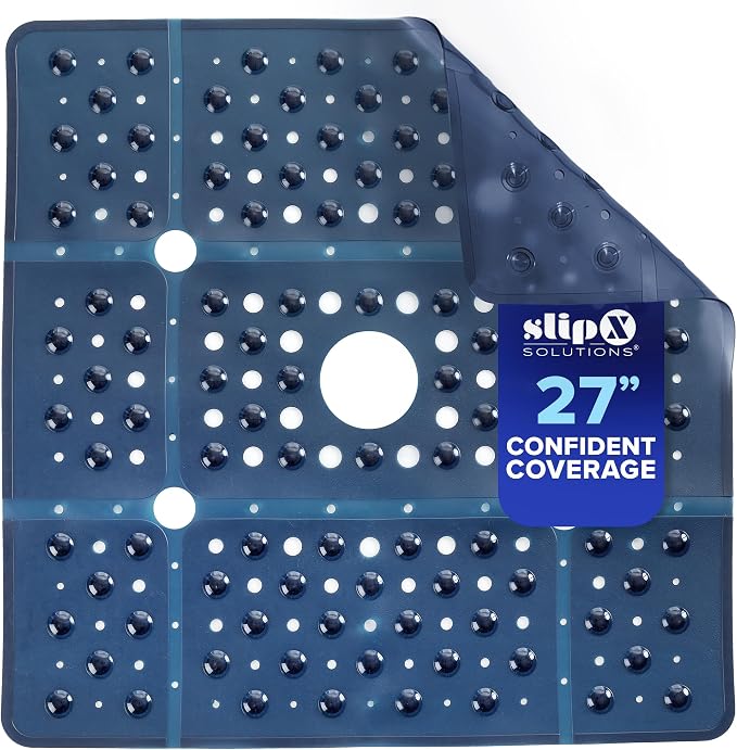 SlipX Solutions 27" Oversize Square Shower Mat, Non-Slip Mat for Elderly & Kids, 100+ Power Grip Suction Cups for Smooth Surfaces, Machine Washable, Navy