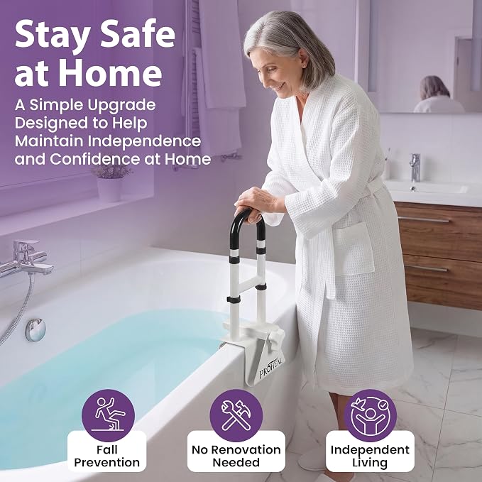 Bathtub Grab Bar for Seniors, Shower Safety Rail, Non-Slip Stainless Steel Handle, Fits 3"-7" Tub Walls, Supports 300 LBS, Adjustable Height 14.5"-17", Tool-Free Clamp-On Install - ProHeal