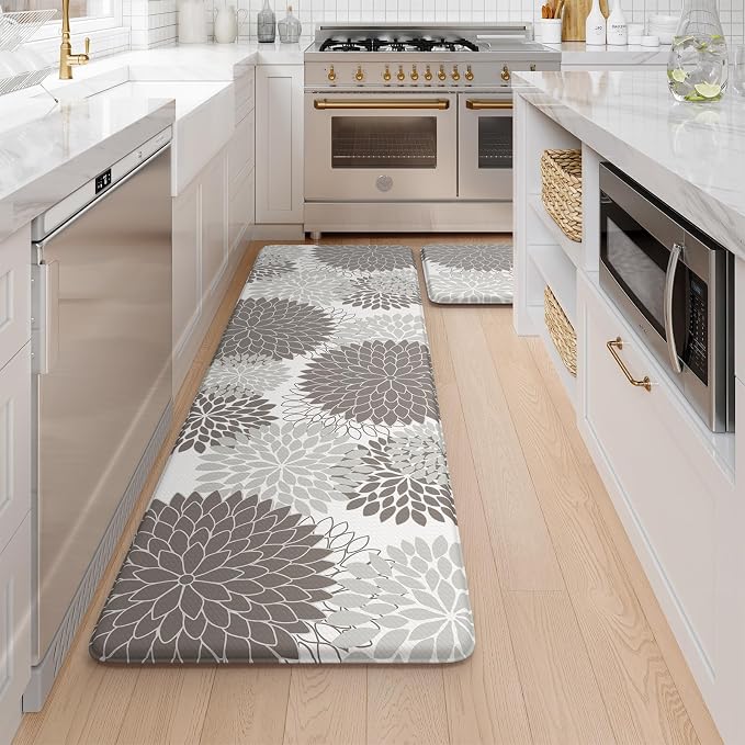 Anti Fatigue Kitchen Mats,Non Slip Boho Dahlia Kitchen Rugs Sets 2 Piece, Waterproof Farmhouse Kitchen Mat for Floor,Cushioned Standing Mat for Office,Laundry,Sink,Desk,Grey