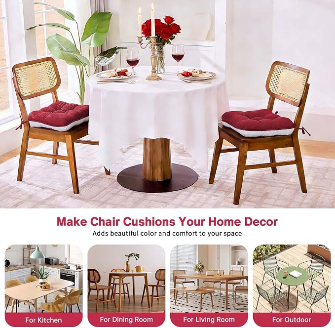 BETU Chair Cushions for Dining Chairs Set of 2,3.5" Thick Kitchen Table Chair Pads with Ties,Non Slip Backing and Covers, Decor Seat Cushion for Dining Room,Bar,Patio Chairs,15.5"X15.5"X3.5",Red